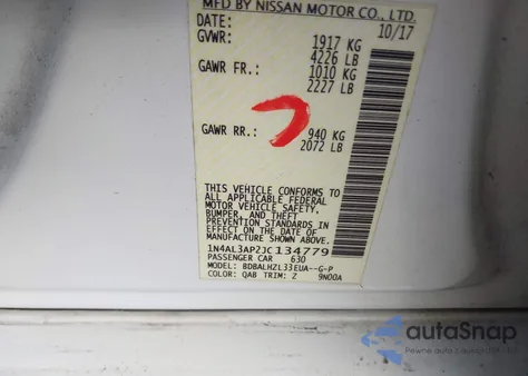 2018 Nissan Altima 2.5/S/Sv/Sl/Sr z USA, uszkodzony, nr VIN 1N4AL3AP2JC134779